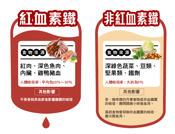 補血食物中的血紅素分為紅血素鐵和非紅血素鐵